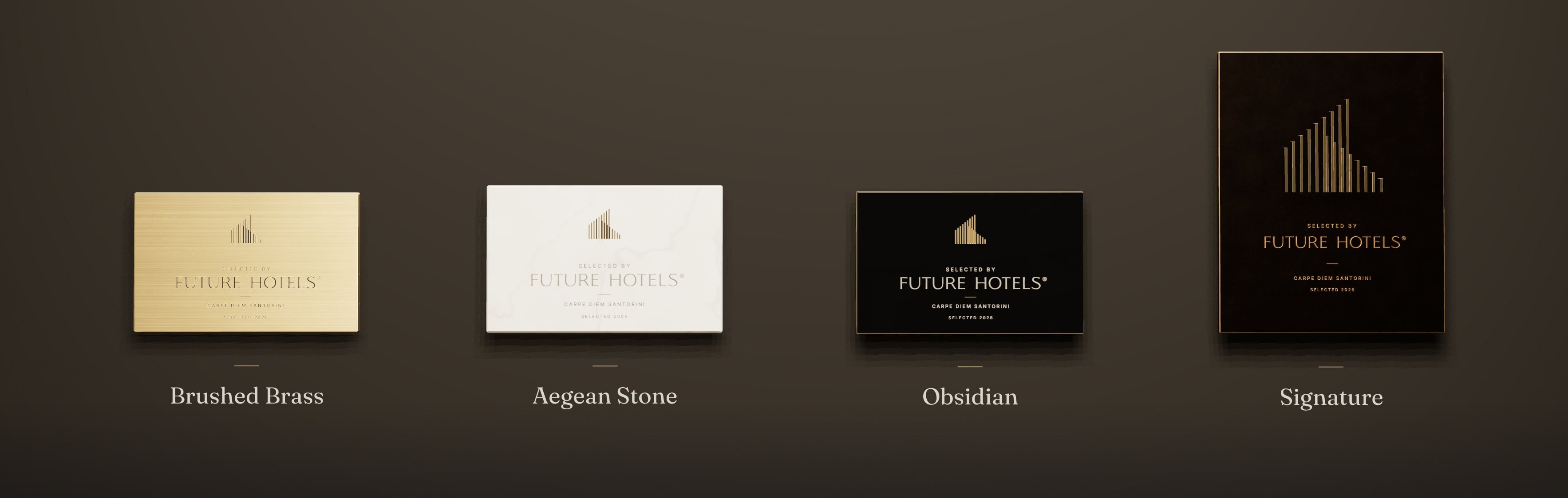 The four Future Hotels member plaques side by side: Brushed Brass, Aegean Stone, Obsidian and Signature.