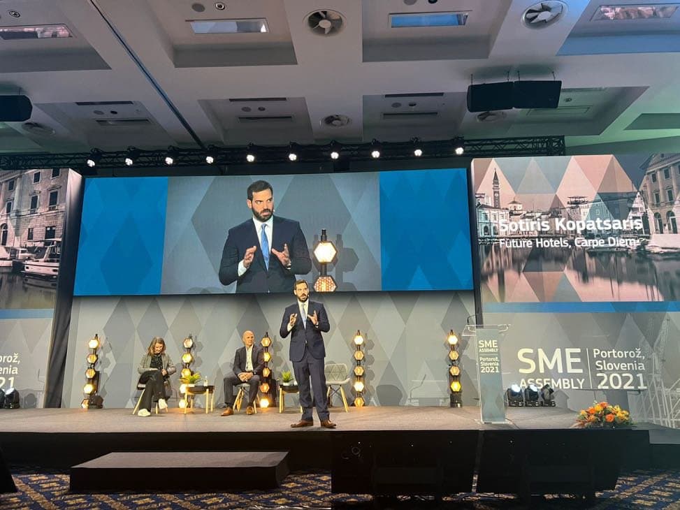 Future Hotels CEO Sotiris Kopatsaris presenting at the EU's SME Assembly, 2021